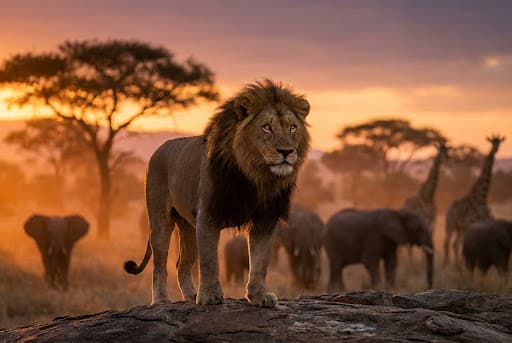 African safari with a lion at sunset