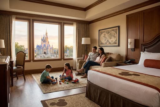 Family hotel suite overlooking a theme park castle