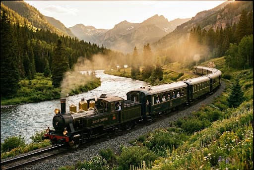 Luxury train traveling through mountain scenery