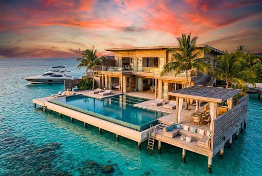 Private island villa with a yacht at sunset